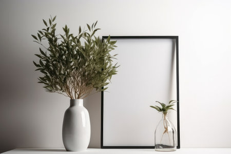 Mockup frame, vase with plant in vase on white tableの素材