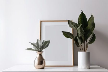 Photo frame mockup with green plants in vase on white shelfの素材