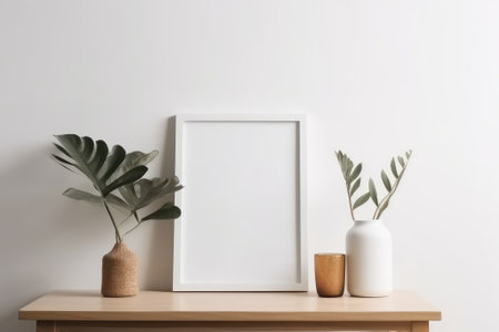 Mock up poster frame with plant in vase on wooden table. 3d renderingの素材