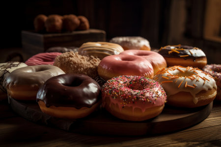 Assorted doughnuts on a wooden background. toning. Selective focusの素材