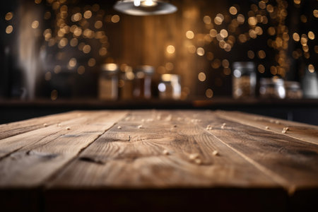 Empty wooden table in front of blurred background of bar with bokeh lightsの素材