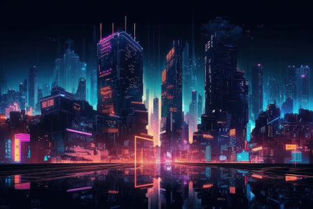 Futuristic city at night with neon lights. 3d renderingの素材