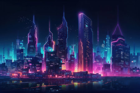 Futuristic city at night with neon lights. 3d renderingの素材