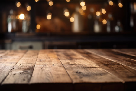 Empty wooden table in front of abstract blurred background of bar or pubの素材