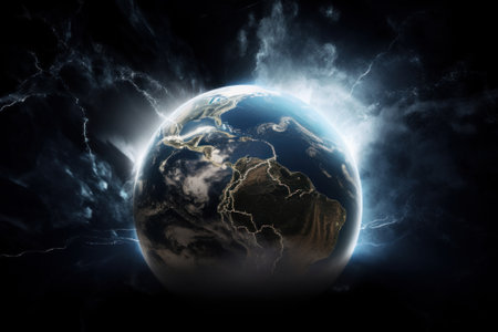 Earth in space, glowing planet Earth and stars, 3D renderingの素材
