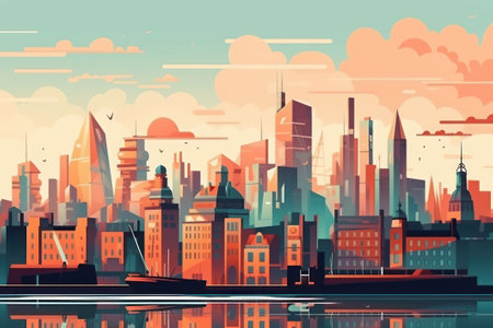 Cityscape with skyscrapers and river. Vector illustration in retro styleの素材