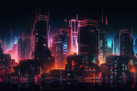 A futuristic city with neon lights. 3D rendering. Neon lights.の素材
