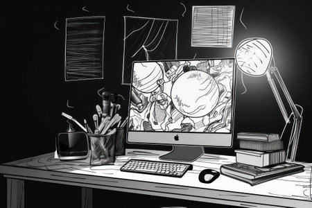 Sketch of a desktop with a computer, lamp and other itemsの素材