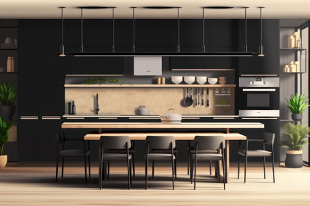3d rendering black modern kitchen in a house with a beautiful designの素材