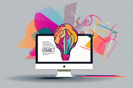Computer with lightbulb and colorful abstract background. Digital illustration.の素材