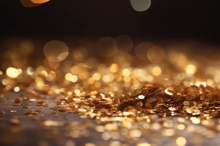 Golden confetti on bokeh background. Festive concept.の素材