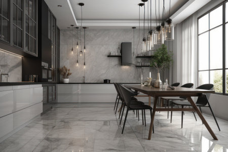 Modern kitchen interior design. 3D rendering mock up of modern kitchenの素材