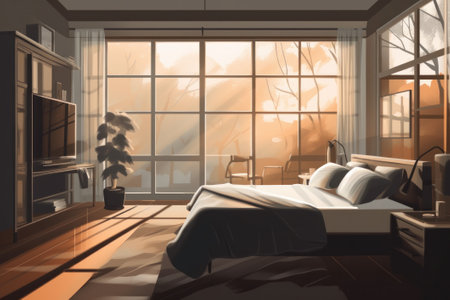 3d rendering interior of a bedroom in the morning with sunlight from the windowの素材