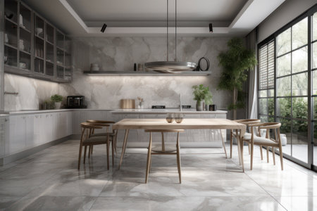 3D rendering modern kitchen and dining room with marble tile floor.の素材