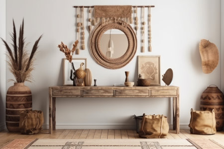 Interior of living room with wooden furniture and decoration. 3D renderの素材