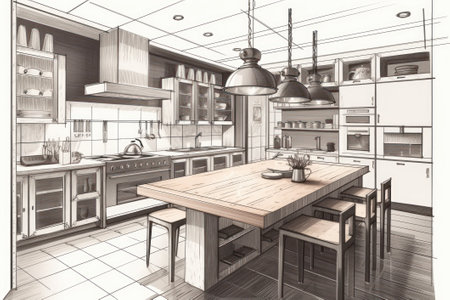 Interior sketch drawing 3D illustration of a modern kitchen with wood floorの素材