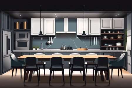 Interior of modern kitchen with dining table and chairs, Digital illustrationの素材