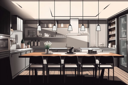 Interior of modern kitchen in Scandinavian style. 3D renderingの素材
