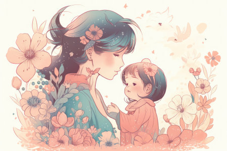 Beautiful mother and daughter with flowers. Hand-drawn, illustration style.の素材