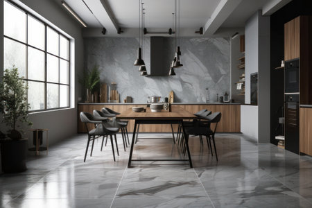 Interior of modern kitchen with grey marble walls, tiled floor, black cupboards and dining table with chairs. 3d renderingの素材