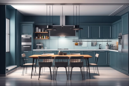 Interior of modern kitchen with blue walls, wooden floor, gray cupboards and gray countertops. 3D renderingの素材