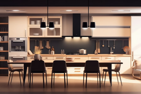 Interior of modern kitchen with black chairs. 3D rendering.の素材