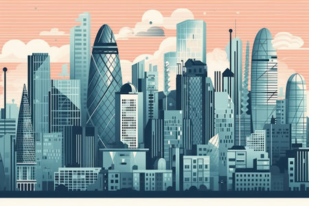 Modern city background with skyscrapers and buildings. Digital illustration.の素材
