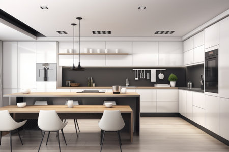 Interior of modern kitchen with white and gray walls, wooden floor, white cupboards and bar with stools. 3D renderingの素材