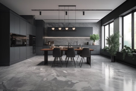 Interior of modern kitchen with gray walls, concrete floor, gray and wooden cupboards and black countertops. 3D renderingの素材