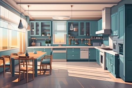 Kitchen Interior Design. 3D Illustration. Blue and green color.の素材