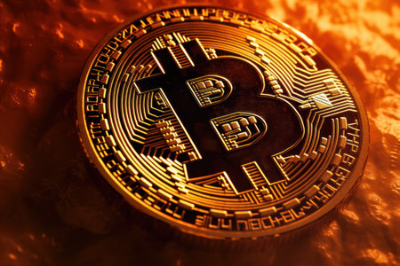Golden bitcoin on a dark background. Digital currency. Cryptocurrency.の素材