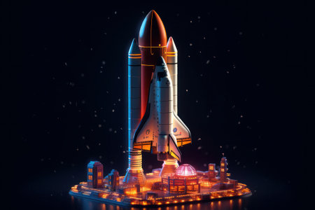 Space ship in the night sky. 3D illustration of a space shipの素材