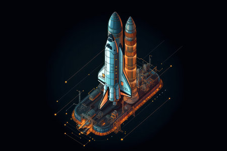 Space rocket on a dark background. 3D isometric Digital illustration.の素材