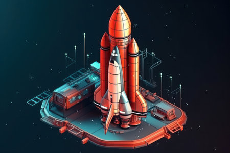 Space ship isometric view on a dark background. 3d renderingの素材