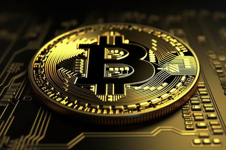 Golden bitcoin on a computer circuit board background. 3d illustration.の素材