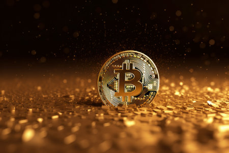 Golden bitcoin on golden background. Cryptocurrency concept. 3D Renderingの素材