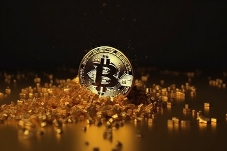 Golden Bitcoin with gold cubes on black background. Cryptocurrency conceptの素材