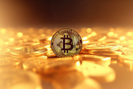 Golden bitcoin on the background of coins. Cryptocurrency. Digital currency.の素材