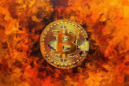 Golden bitcoin on a orange background. Acrylic paint style. Cryptocurrency concept, generative Aiの素材