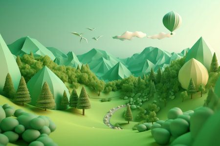 Fantasy landscape with mountains, trees and hot air balloon. 3d renderingの素材