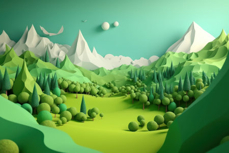 Paper art landscape with lake and mountains. 3d render illustration.の素材