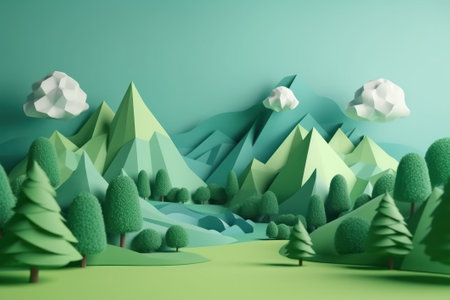 3d render of abstract mountain landscape with trees and lake in green colorの素材
