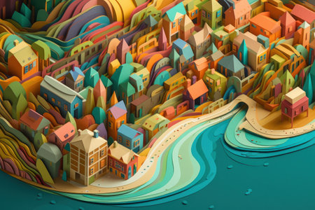 Colorful paper model of a small town on a green background.の素材