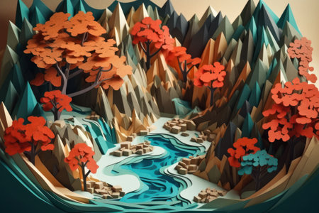 3d illustration of abstract landscape with river and trees in autumn seasonの素材