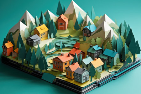 Colorful paper houses on a green background. 3d illustration.の素材