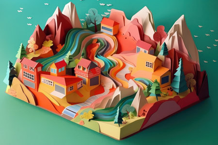 Isometric city. Paper cut style of mountain landscape with houses and trees. 3D render illustration.の素材