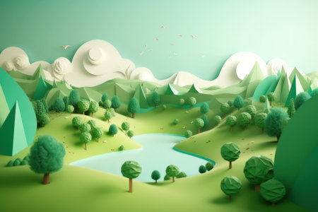 3d illustration of a village in the mountains with trees and housesの素材