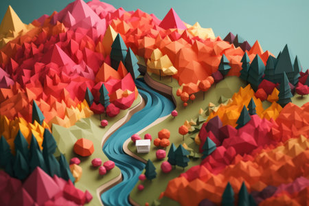 3d rendering of colorful origami mountain landscape with river and small houseの素材