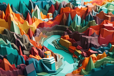 3d rendering of abstract background with colorful origami houses and riverの素材
