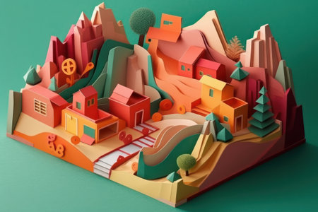 Isometric city. Paper cut style of mountain landscape with houses and trees. 3D render illustration.の素材